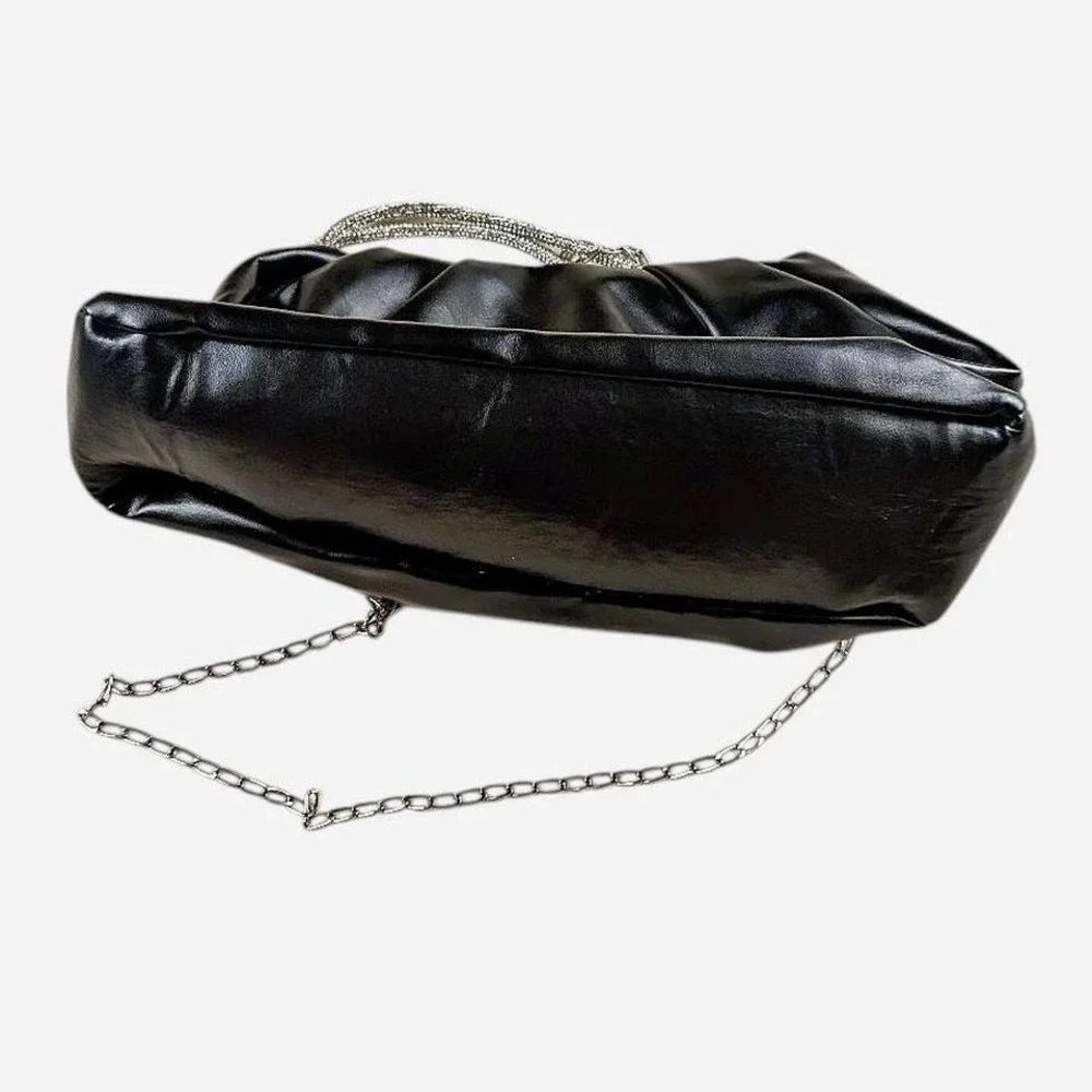 Black Faux Leather Handbag Silver Chain Strap‎ Rhinestone Handles Glamour Party